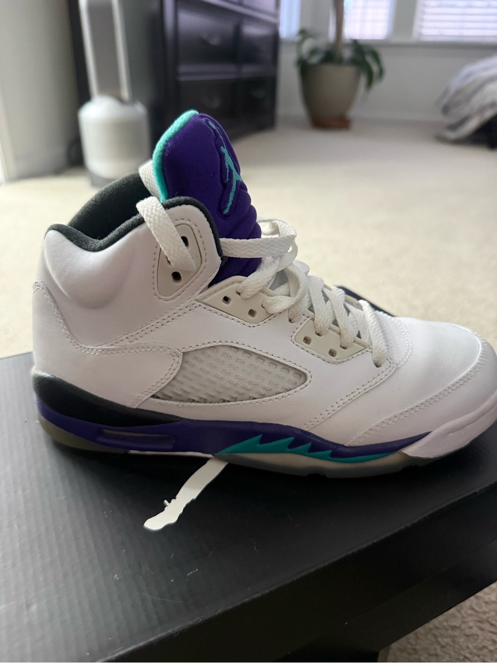 Jordan Retro 5 Kids White Sneakers with Purple and Teal Accents